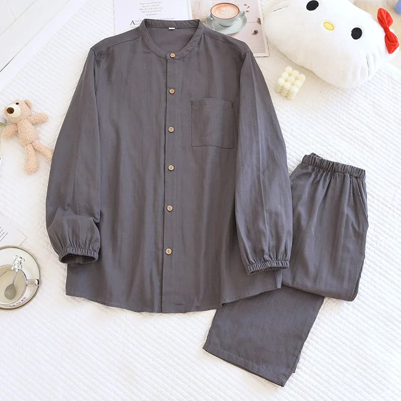 2026 New Spring/Summer Couple's Pajama Set 100% Cotton Simple Men's and Women's Long Sleeve Long Pants Two Piece Home Clothes
