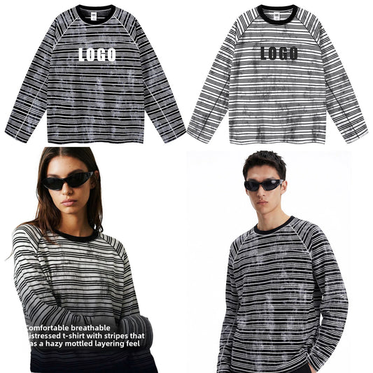 Custom LOGO Men's Cotton Polyester 210G Retro Dirty Dyeing Room Strips Shoulder Rugged Couple Long Sleeve Knitted T-Shirt Top