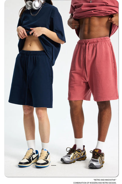 Custom LOGO men's new washed 420G European and American 100% cotton retro terry couple casual sports shorts