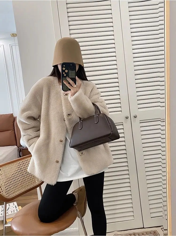 Lamb Fur Jacket for Women Pure Wool Fur Coats Particle Sheep Fleece Gold Buckle Composite Fur Integrated Women's Winter Coat FCY