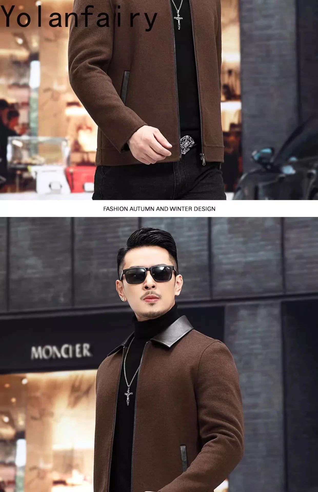 YOLANFAIRY Casual Wool Coats for Men Spring Autumn Fashion Short Woolen Coat Man Clothing Spliced Genuine Leather Mens Jacket