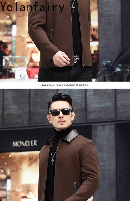 YOLANFAIRY Casual Wool Coats for Men Spring Autumn Fashion Short Woolen Coat Man Clothing Spliced Genuine Leather Mens Jacket