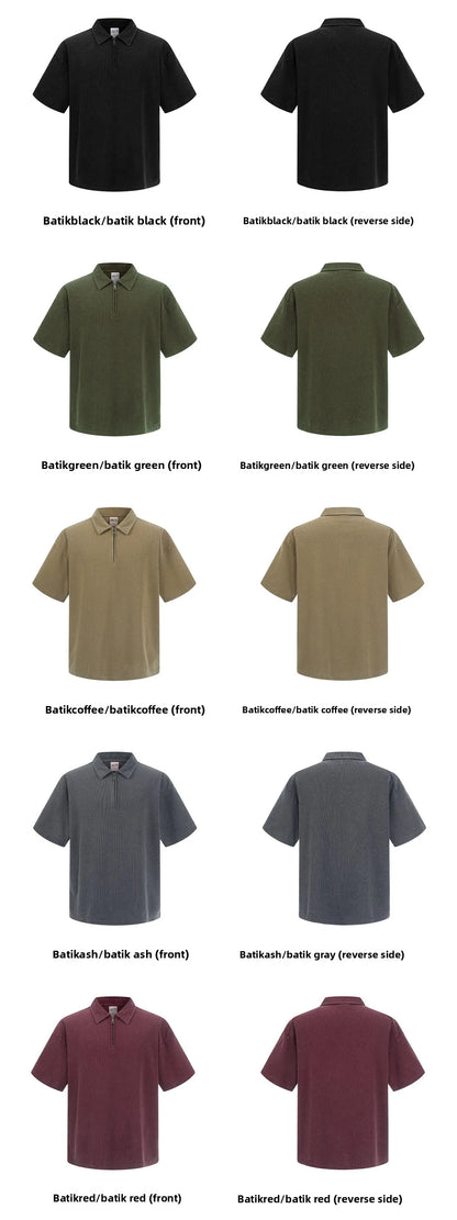 Custom LOGO Men's 2026 New Polo Shirt 325G Cotton Polyester YKK Zipper Batik Waffle Wash Old Short Sleeve T-Shirt