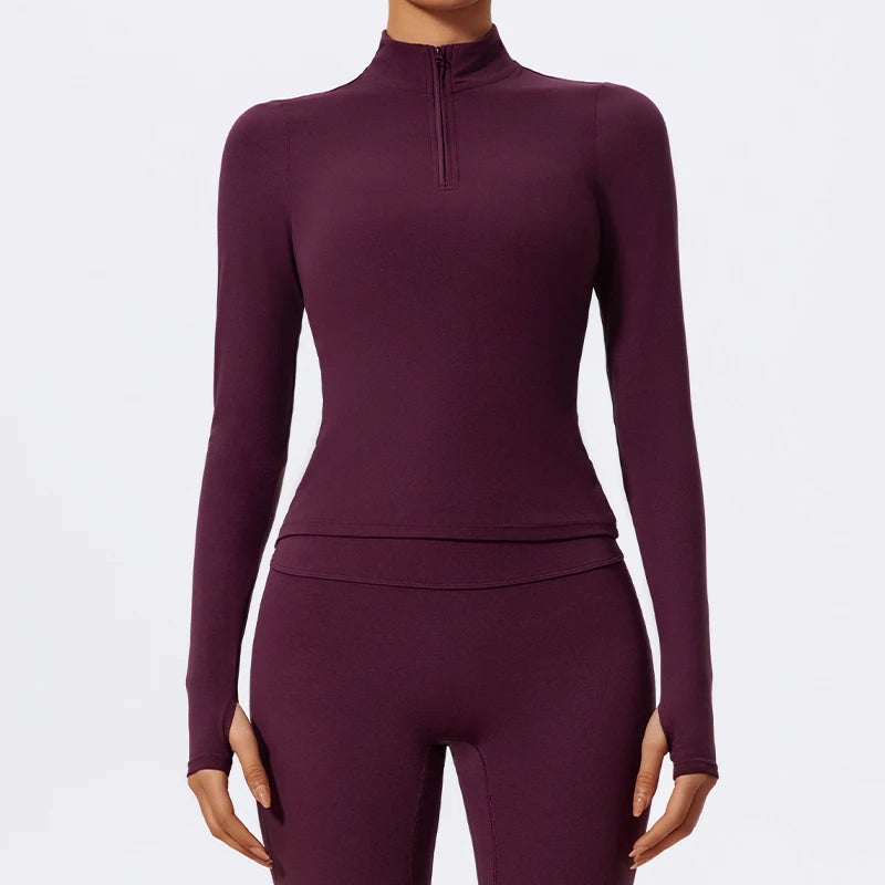 Hearuisavy Half Zipper High Collar Sports Shirts Quick-Dry Yoga Clothing Women Sportswear Fitness Long Sleeve Tight Clothes
