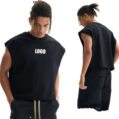 Custom LOGO Men's 340G Heavy Cotton Polyester Casual Short Vest Trendy Loose Hemming Loose Couple Sleeveless Top