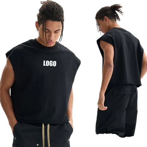 Custom LOGO Men's 340G Heavy Cotton Polyester Casual Short Vest Trendy Loose Hemming Loose Couple Sleeveless Top