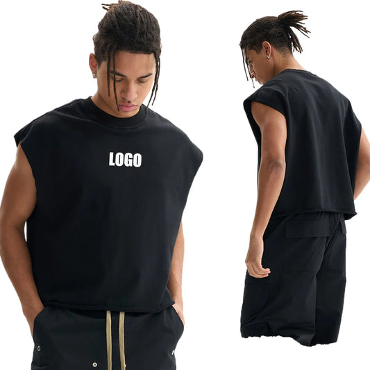 Custom LOGO Men's 340G Heavy Cotton Polyester Casual Short Vest Trendy Loose Hemming Loose Couple Sleeveless Top