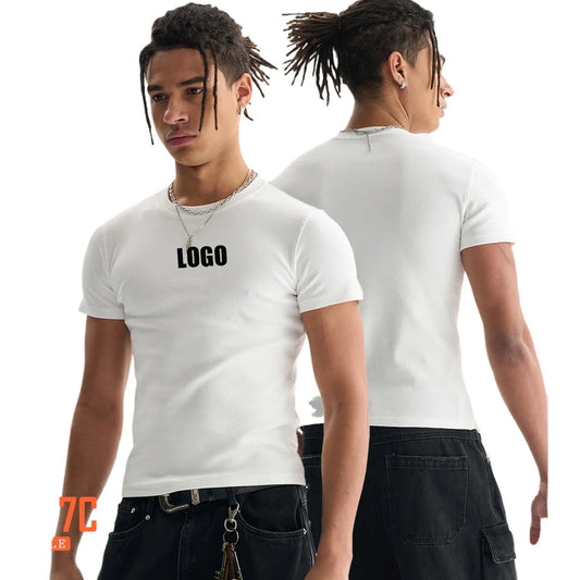 Custom LOGO Men's High Quality Skinny Short Threaded Short Sleeve T-Shirt Elastic Casual Sports Top