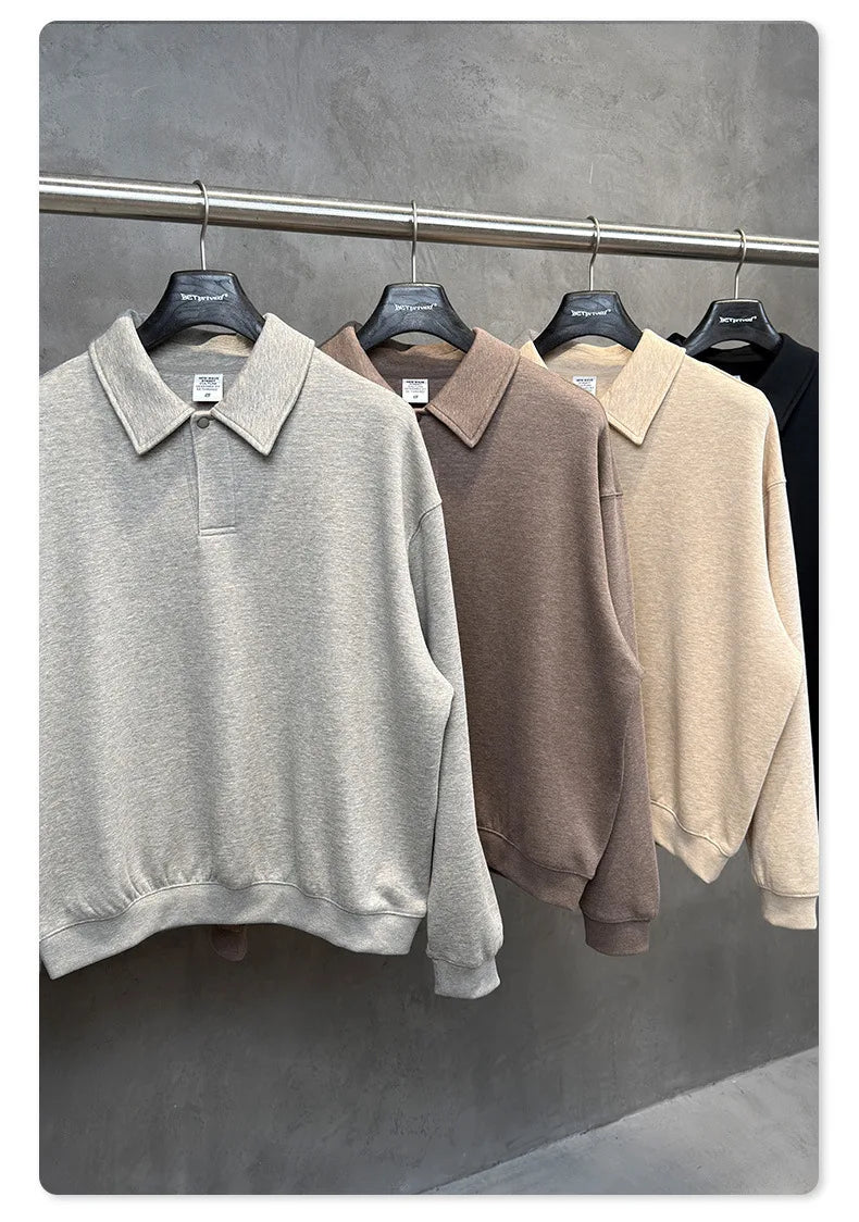 Custom LOGO men's autumn 320G heavy cotton new old money wind American retro polo sweater trousers loose suit