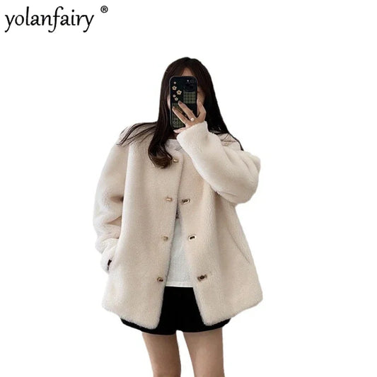 Lamb Fur Jacket for Women Pure Wool Fur Coats Particle Sheep Fleece Gold Buckle Composite Fur Integrated Women's Winter Coat FCY