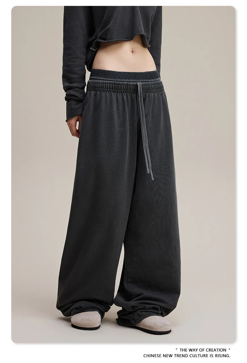 Custom LOGO Women's 2025 Spring and Autumn 370G Heavy 100% Cotton Retro Style Old and Skinny Double Waist Casual Straight Pants