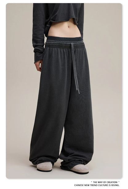 Custom LOGO Women's 2025 Spring and Autumn 370G Heavy 100% Cotton Retro Style Old and Skinny Double Waist Casual Straight Pants