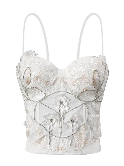 DEAT Fashion Fishbone Embroidery Lace Waist-sliming Tank Tops Women’s Pearl Embroidery Backless Sleeveless Camis Summer New