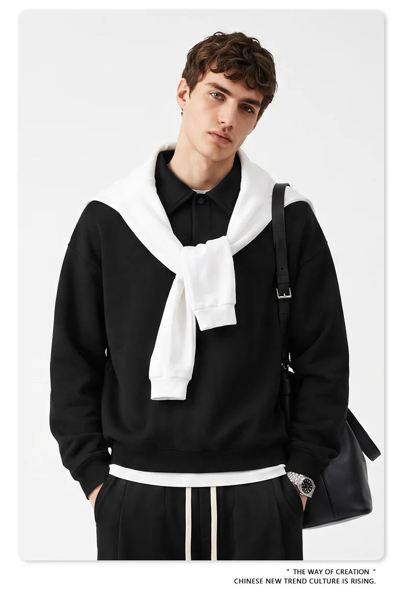 Custom LOGO men's autumn 320G heavy cotton new old money wind American retro polo sweater trousers loose suit