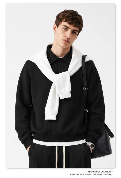 Custom LOGO men's autumn 320G heavy cotton new old money wind American retro polo sweater trousers loose suit