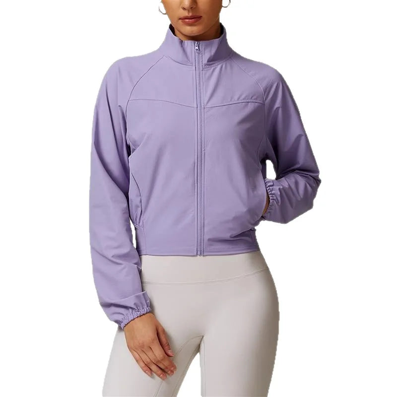 Custom LOGO Women's Quick-Dry Stand Collar Yoga Jacket, Thin Windproof Outdoor Running Fitness Long-Sleeve Sports Jacket