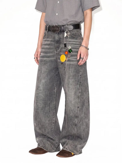 Custom LOGO men's 2026 denim scimitar pants cotton autumn new American retro washed old casual couple trousers