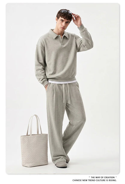 Custom LOGO men's autumn 320G heavy cotton new old money wind American retro polo sweater trousers loose suit