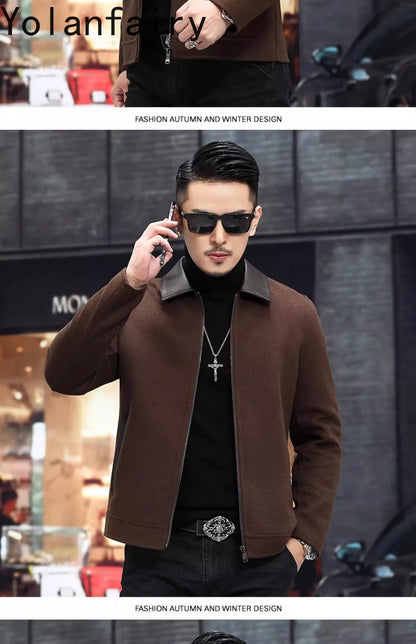 YOLANFAIRY Casual Wool Coats for Men Spring Autumn Fashion Short Woolen Coat Man Clothing Spliced Genuine Leather Mens Jacket