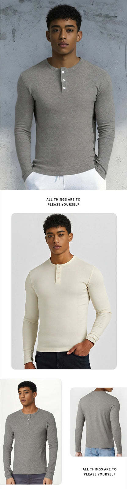 Custom LOGO Men's Skinny Button Long Sleeve T-Shirt Casual Sports Men's Bottom Shirt Top
