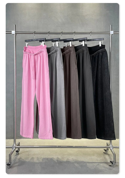 Custom LOGO Women's 2025 Spring and Autumn 370G Heavy 100% Cotton Retro Style Old and Skinny Double Waist Casual Straight Pants