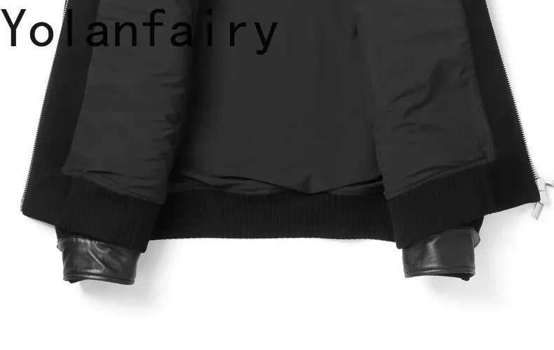 YOLANFAIRY Real Sheepskin Leather Patchwork Wool Coat for Men Autumn Trendy Short Cashmere Jacket Loose Streetwear ropa hombre