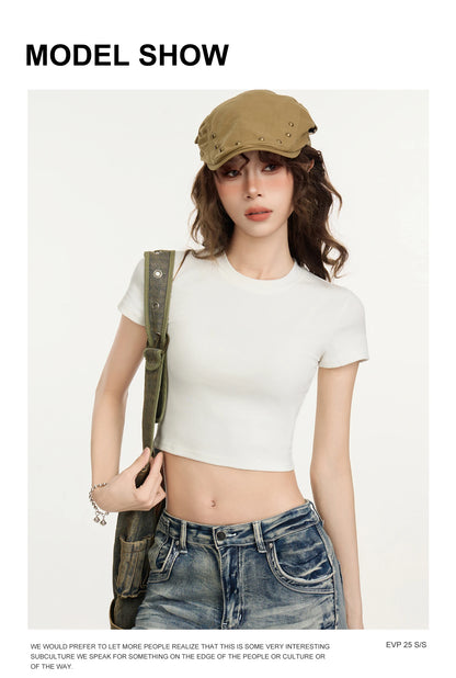 Crop Top Women Custom LOGO Free Print  Short Sleeve  Solid Slim Fit Crew Neck Tee Basic Skinny Tight Casual Workout Yoga Tshirt