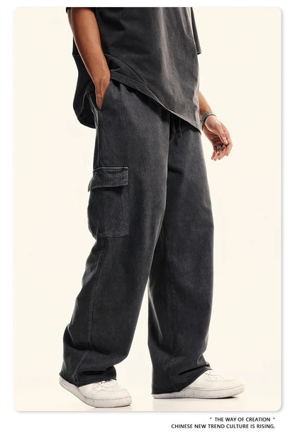 Custom LOGO Men's 358G Spring Summer 100% Cotton New Teen Thin Multi-Pocket American Retro Washing Tooling Casual Couple Pants
