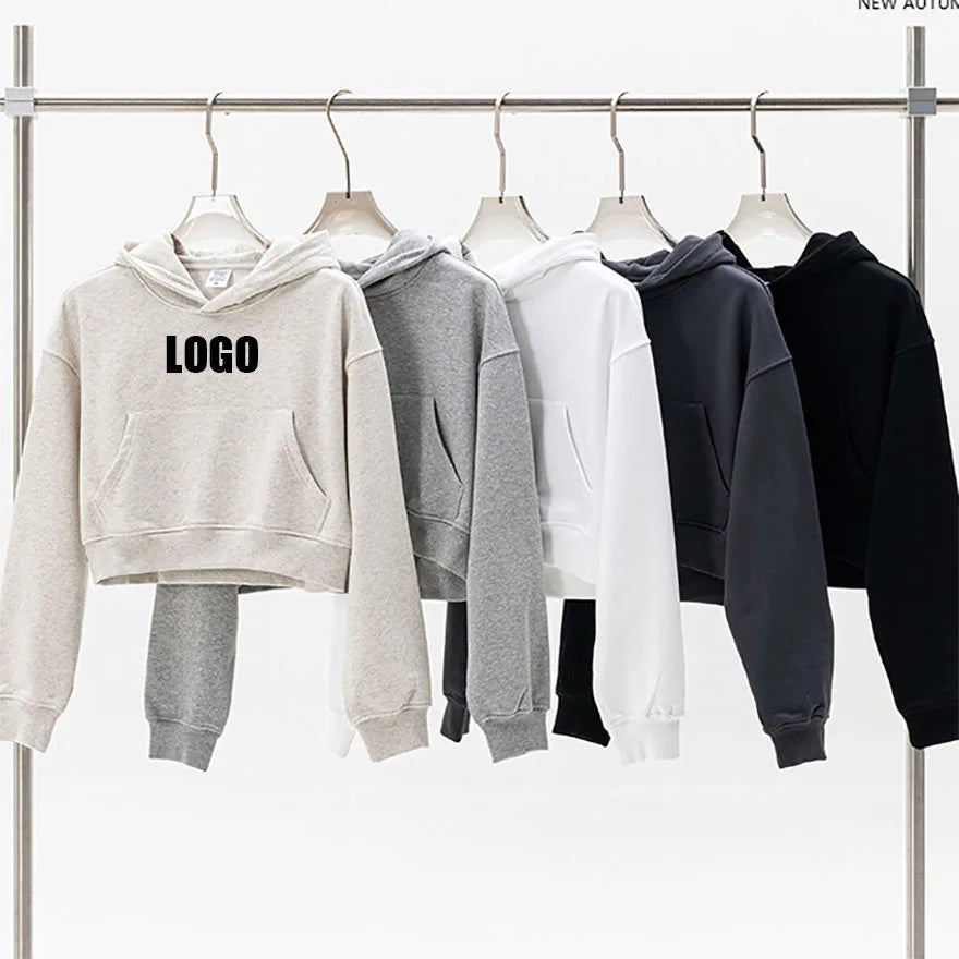 Customized LOGO women's new autumn blockbuster 445G big pocket hooded sweater short top
