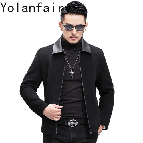YOLANFAIRY Casual Wool Coats for Men Spring Autumn Fashion Short Woolen Coat Man Clothing Spliced Genuine Leather Mens Jacket