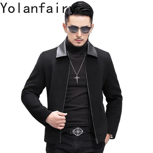 YOLANFAIRY Casual Wool Coats for Men Spring Autumn Fashion Short Woolen Coat Man Clothing Spliced Genuine Leather Mens Jacket