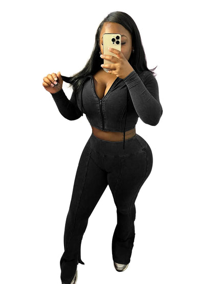 Customized LOGO women's cotton ammonia washed old hooded flared pants elastic two-piece casual suit