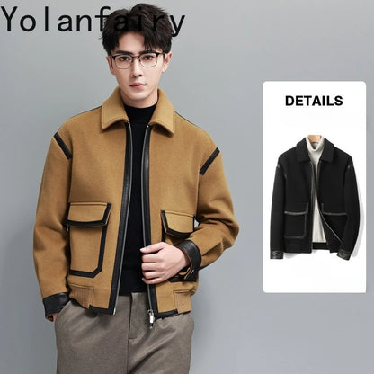 YOLANFAIRY Real Sheepskin Leather Patchwork Wool Coat for Men Autumn Trendy Short Cashmere Jacket Loose Streetwear ropa hombre