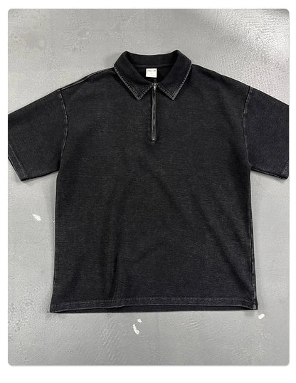 Custom LOGO Men's 2026 New Polo Shirt 325G Cotton Polyester YKK Zipper Batik Waffle Wash Old Short Sleeve T-Shirt