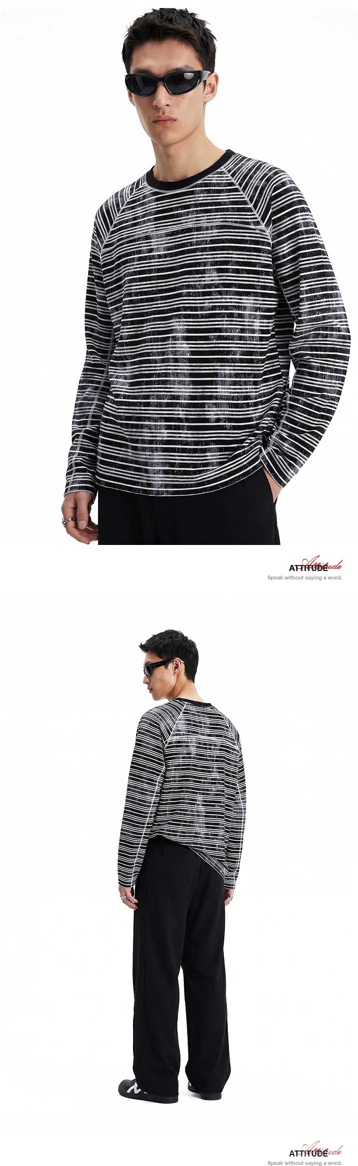 Custom LOGO Men's Cotton Polyester 210G Retro Dirty Dyeing Room Strips Shoulder Rugged Couple Long Sleeve Knitted T-Shirt Top