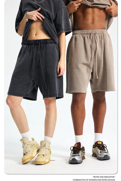 Custom LOGO men's new washed 420G European and American 100% cotton retro terry couple casual sports shorts