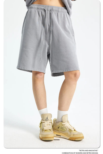 Custom LOGO men's new washed 420G European and American 100% cotton retro terry couple casual sports shorts