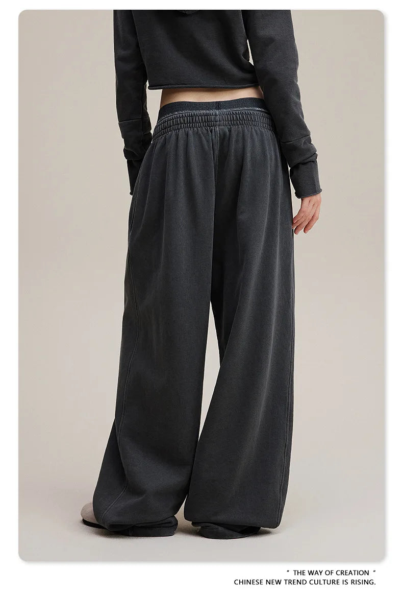 Custom LOGO Women's 2025 Spring and Autumn 370G Heavy 100% Cotton Retro Style Old and Skinny Double Waist Casual Straight Pants
