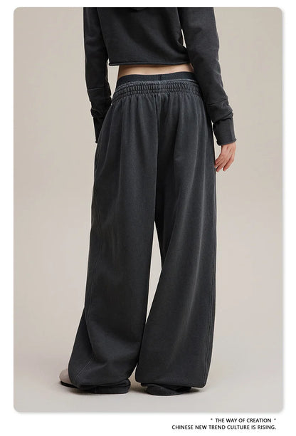 Custom LOGO Women's 2025 Spring and Autumn 370G Heavy 100% Cotton Retro Style Old and Skinny Double Waist Casual Straight Pants