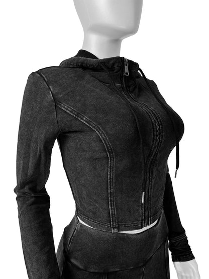 Customized LOGO women's cotton ammonia washed old hooded flared pants elastic two-piece casual suit