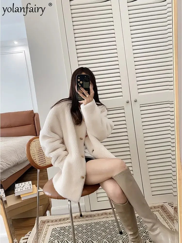 Lamb Fur Jacket for Women Pure Wool Fur Coats Particle Sheep Fleece Gold Buckle Composite Fur Integrated Women's Winter Coat FCY