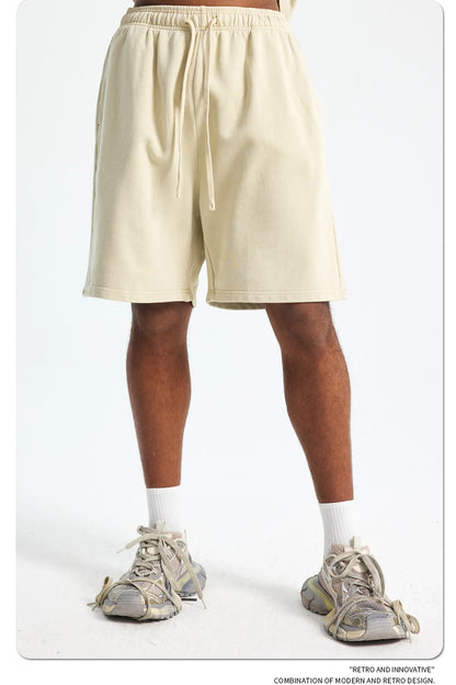 Custom LOGO men's new washed 420G European and American 100% cotton retro terry couple casual sports shorts