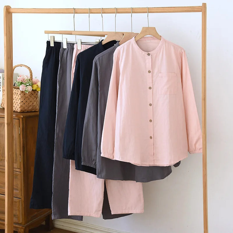 2026 New Spring/Summer Couple's Pajama Set 100% Cotton Simple Men's and Women's Long Sleeve Long Pants Two Piece Home Clothes