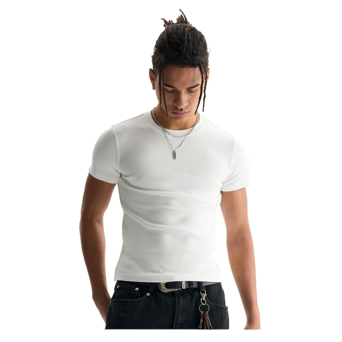 Custom LOGO Men's High Quality Skinny Short Threaded Short Sleeve T-Shirt Elastic Casual Sports Top