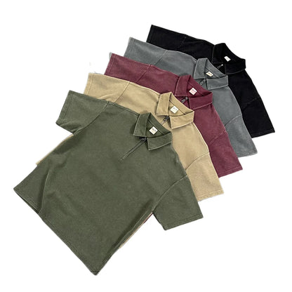 Custom LOGO Men's 2026 New Polo Shirt 325G Cotton Polyester YKK Zipper Batik Waffle Wash Old Short Sleeve T-Shirt