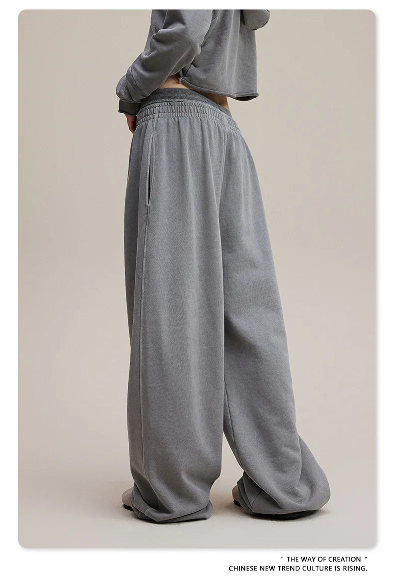 Custom LOGO Women's 2025 Spring and Autumn 370G Heavy 100% Cotton Retro Style Old and Skinny Double Waist Casual Straight Pants