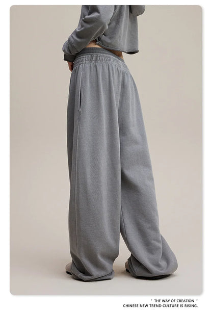 Custom LOGO Women's 2025 Spring and Autumn 370G Heavy 100% Cotton Retro Style Old and Skinny Double Waist Casual Straight Pants