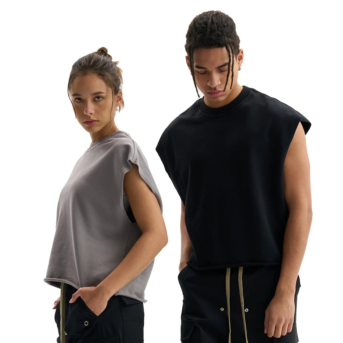 Custom LOGO Men's 340G Heavy Cotton Polyester Casual Short Vest Trendy Loose Hemming Loose Couple Sleeveless Top