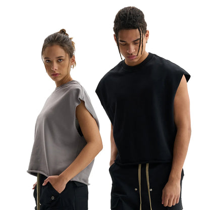 Custom LOGO Men's 340G Heavy Cotton Polyester Casual Short Vest Trendy Loose Hemming Loose Couple Sleeveless Top