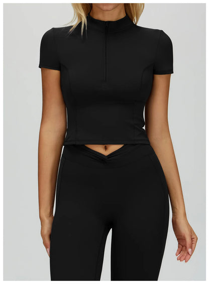 Custom LOGO Women's Yoga Short Sleeve Stand-up Neck Zipper Skinny Sports Short Sleeve Outdoor Running Fitness Top